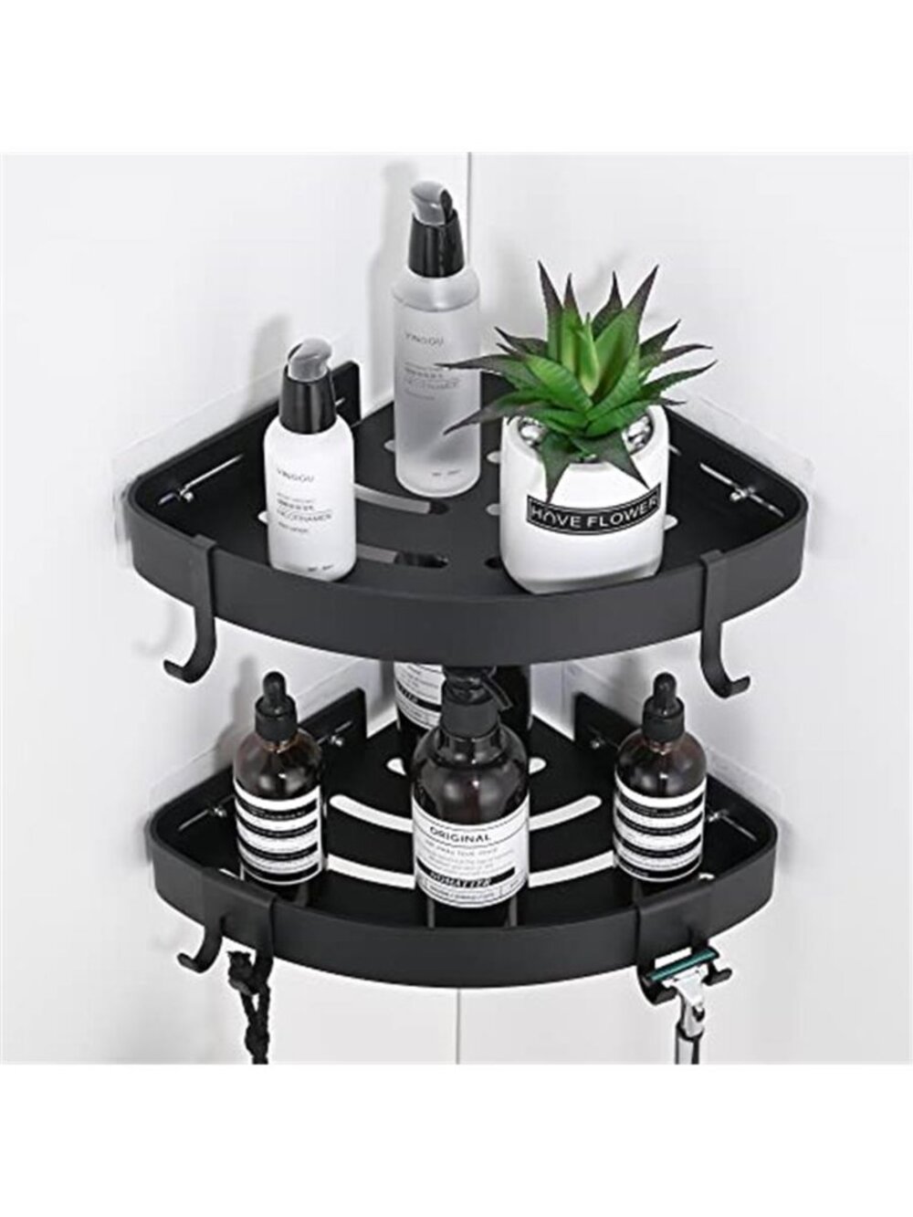 Adhesive Corner Shower Caddy with Hooks, Black, 2 Pack